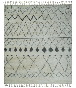 Plush Thick Beni Ourain 8x10.5 Ivory and Charcoal Geometrical design Moroccan Rug Made with fine Wool