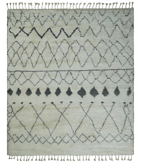 Plush Thick Beni Ourain 8x10.5 Ivory and Charcoal Geometrical design Moroccan Rug Made with fine Wool