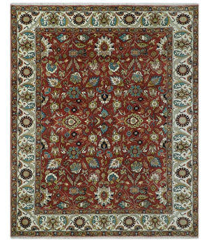 Premium Brown and Ivory 8x10 Hand knotted Traditional Floral Wool Area Rug