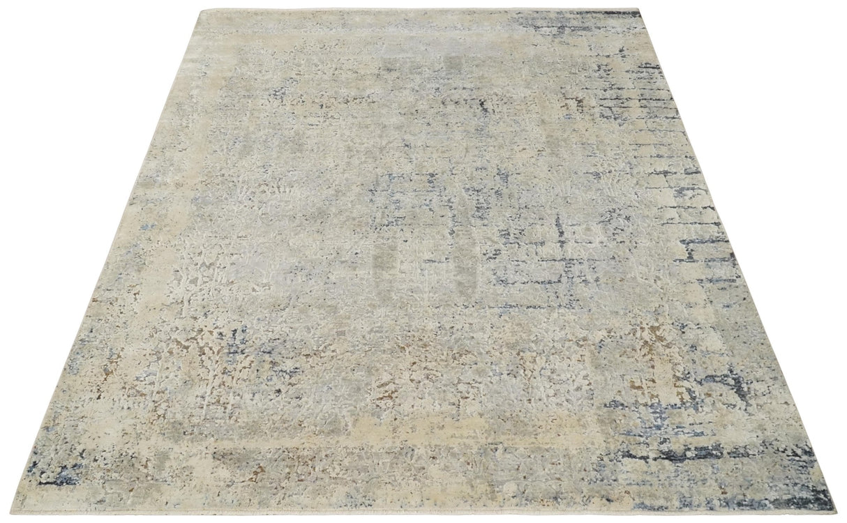 Premium Fine 8x10 Silver, Beige and Charcoal Traditional Floral High Low texture Hand Knotted Wool and Art Silk Rug