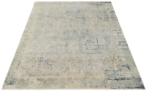 Premium Fine 8x10 Silver, Beige and Charcoal Traditional Floral High Low texture Hand Knotted Wool and Art Silk Rug