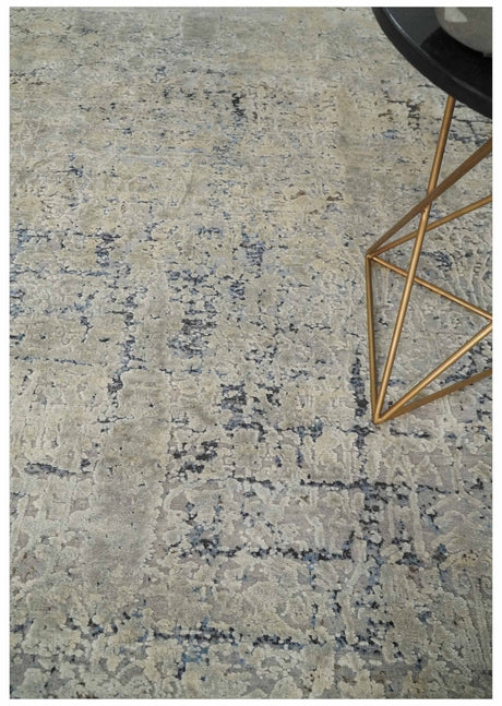 Premium Fine 8x10 Silver, Beige and Charcoal Traditional Floral High Low texture Hand Knotted Wool and Art Silk Rug