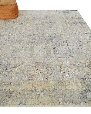 Premium Fine 8x10 Silver, Beige and Charcoal Traditional Floral High Low texture Hand Knotted Wool and Art Silk Rug