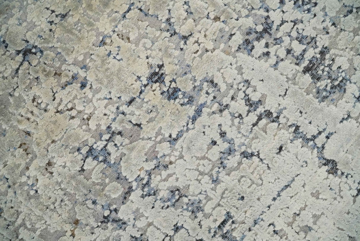 Premium Fine 8x10 Silver, Beige and Charcoal Traditional Floral High Low texture Hand Knotted Wool and Art Silk Rug