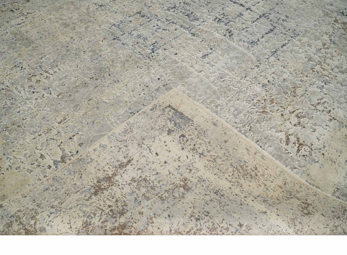 Premium Fine 8x10 Silver, Beige and Charcoal Traditional Floral High Low texture Hand Knotted Wool and Art Silk Rug