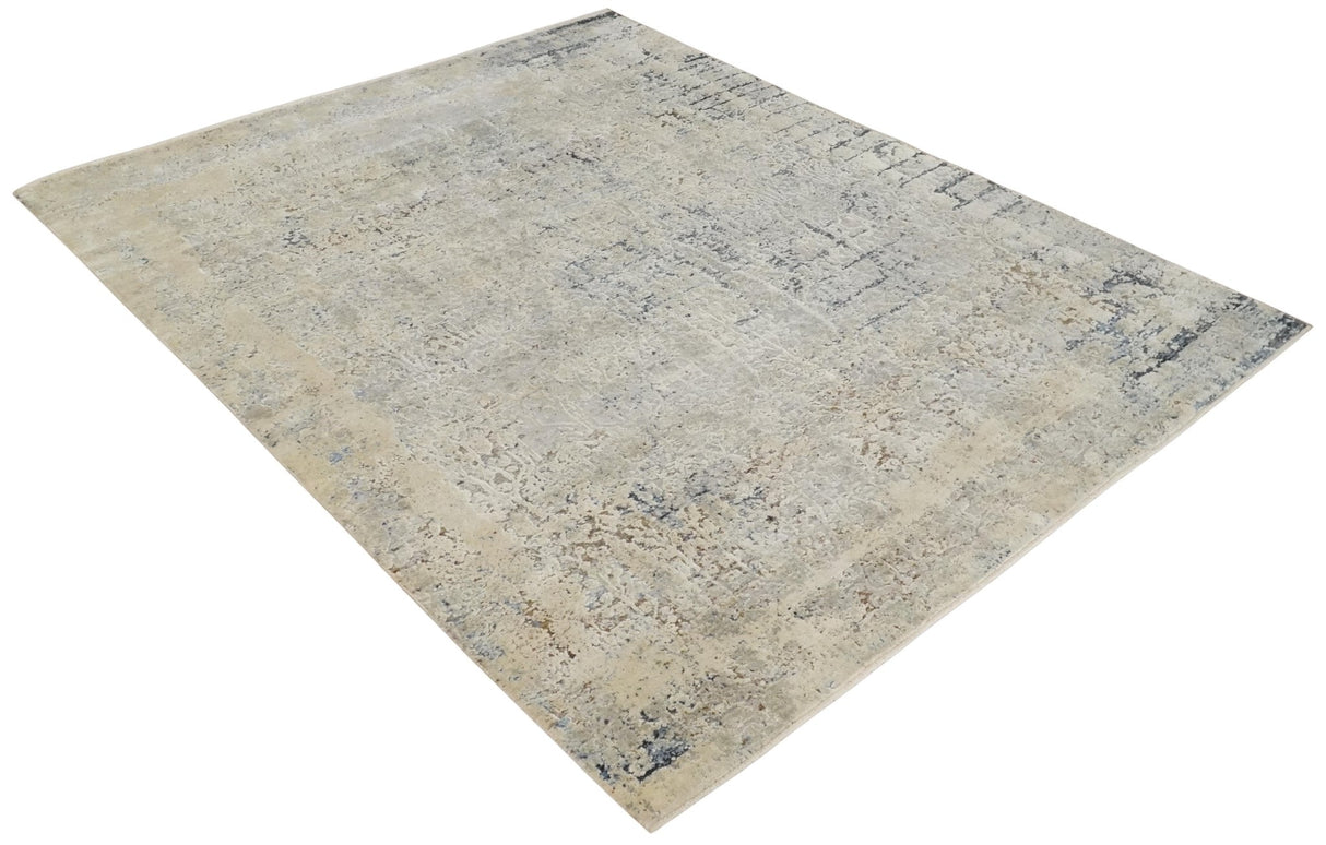 Premium Fine 8x10 Silver, Beige and Charcoal Traditional Floral High Low texture Hand Knotted Wool and Art Silk Rug