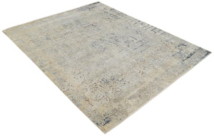 Premium Fine 8x10 Silver, Beige and Charcoal Traditional Floral High Low texture Hand Knotted Wool and Art Silk Rug