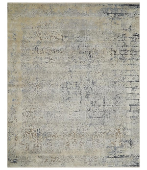 Premium Fine 8x10 Silver, Beige and Charcoal Traditional Floral High Low texture Hand Knotted Wool and Art Silk Rug