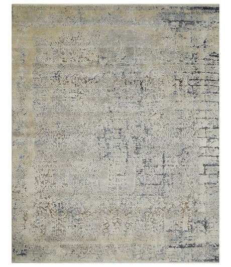 Premium Fine 8x10 Silver, Beige and Charcoal Traditional Floral High Low texture Hand Knotted Wool and Art Silk Rug