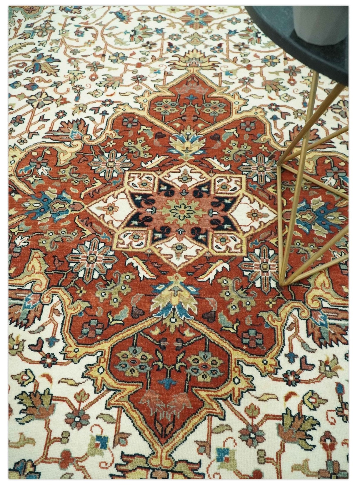 Premium Fine Floral Ivory and Rust Traditional Heriz 9x12 Hand Knotted wool area rug