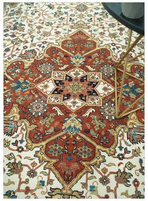 Premium Fine Floral Ivory and Rust Traditional Heriz 9x12 Hand Knotted wool area rug
