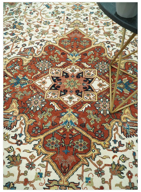 Premium Fine Floral Ivory and Rust Traditional Heriz 9x12 Hand Knotted wool area rug