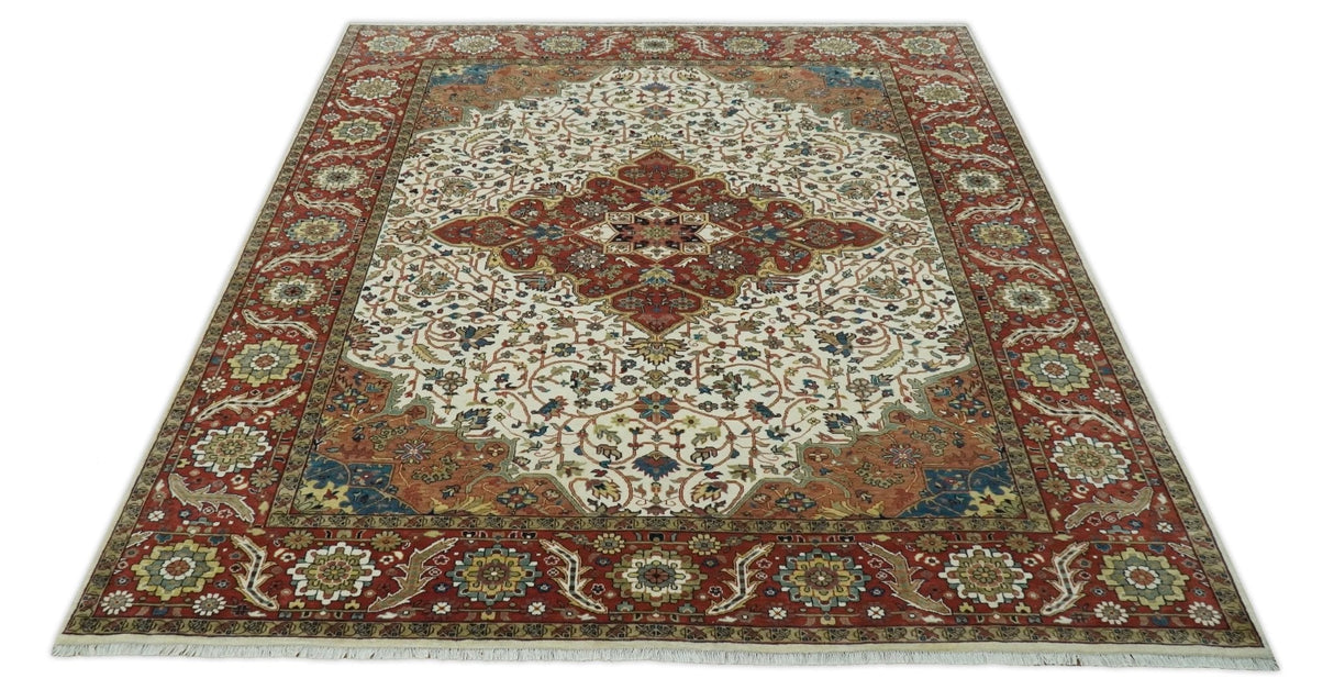 Premium Fine Floral Ivory and Rust Traditional Heriz 9x12 Hand Knotted wool area rug