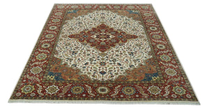 Premium Fine Floral Ivory and Rust Traditional Heriz 9x12 Hand Knotted wool area rug