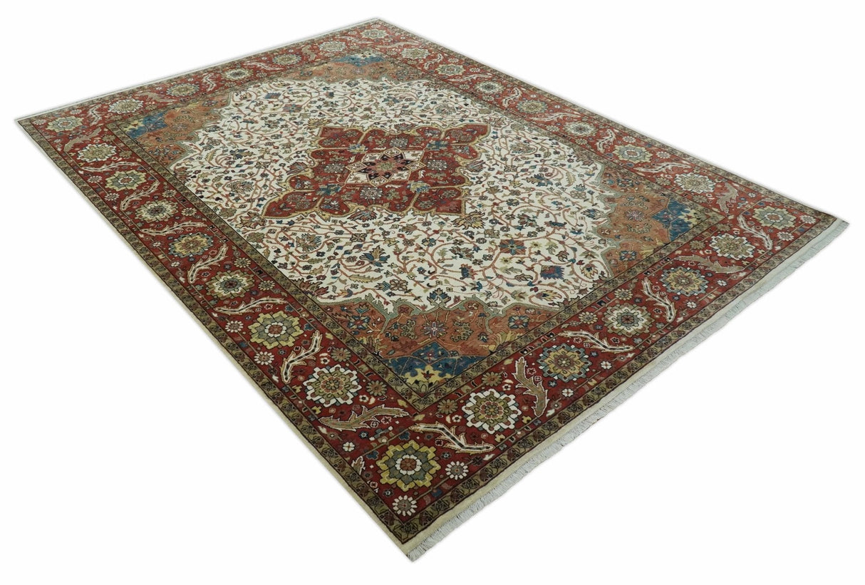Premium Fine Floral Ivory and Rust Traditional Heriz 9x12 Hand Knotted wool area rug
