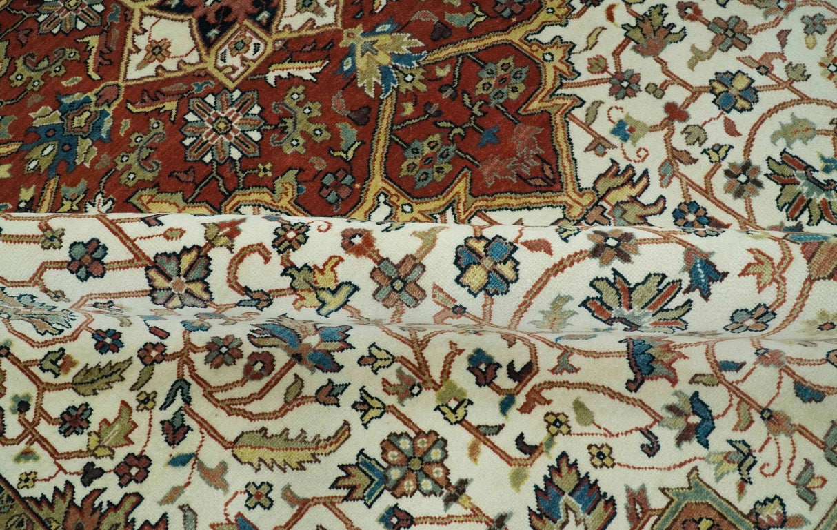 Premium Fine Floral Ivory and Rust Traditional Heriz 9x12 Hand Knotted wool area rug