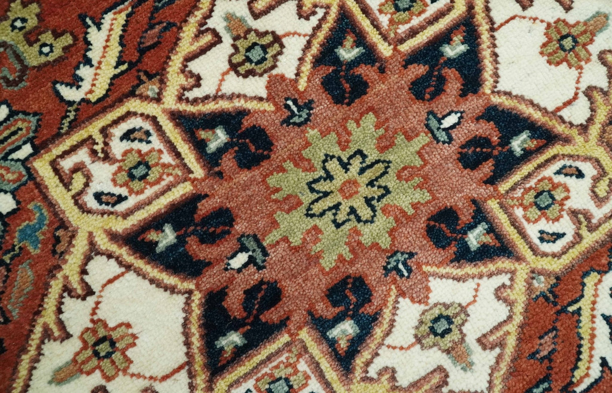 Premium Fine Floral Ivory and Rust Traditional Heriz 9x12 Hand Knotted wool area rug