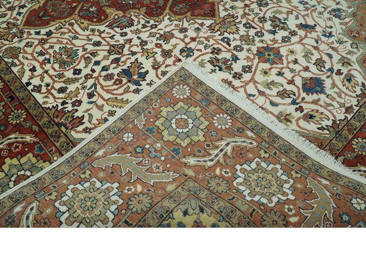 Premium Fine Floral Ivory and Rust Traditional Heriz 9x12 Hand Knotted wool area rug