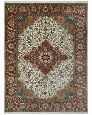 Premium Fine Floral Ivory and Rust Traditional Heriz 9x12 Hand Knotted wool area rug