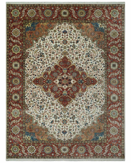 Premium Fine Floral Ivory and Rust Traditional Heriz 9x12 Hand Knotted wool area rug