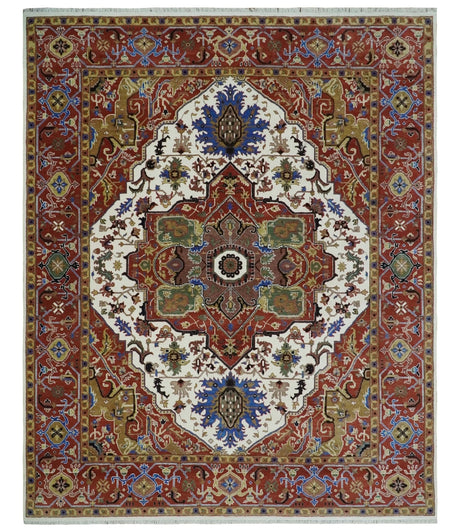 Premium Fine Knots Rust, Ivory and Olive 8x10 Hand knotted Traditional Wool Area Rug