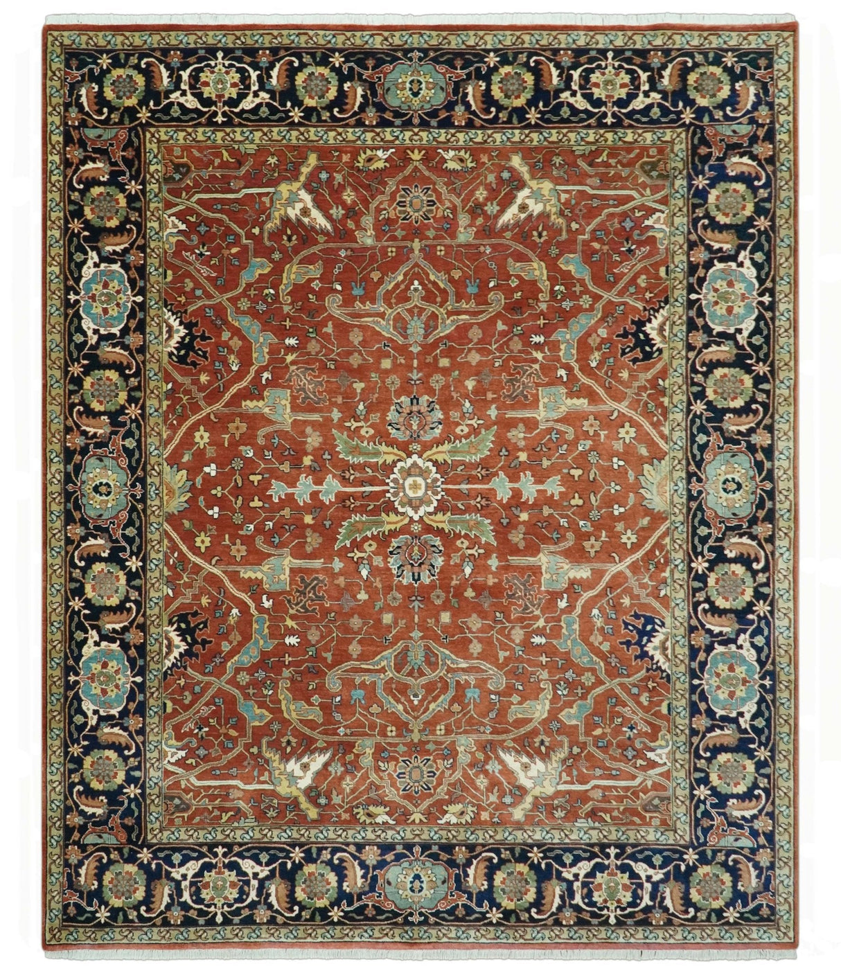 Premium Fine Rust and Blue 8x10 Hand Knotted Oriental wool area rug