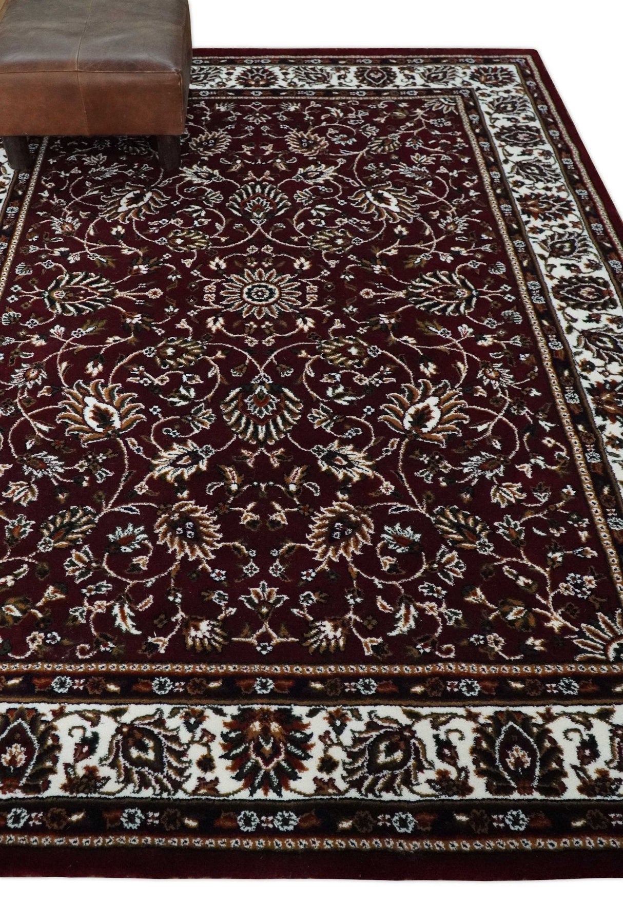 Premium Look 5x7 Woven Maroon and Ivory Traditional Pattern Area Rug
