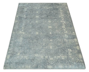 Premium Style Gray and Ivory Traditional Ikat Large design 5.6x8 Hand loom Wool and Viscose Area Rug