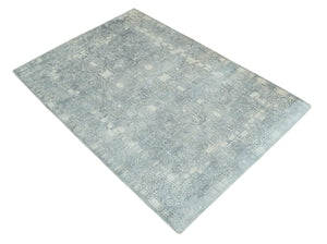 Premium Style Gray and Ivory Traditional Ikat Large design 5.6x8 Hand loom Wool and Viscose Area Rug
