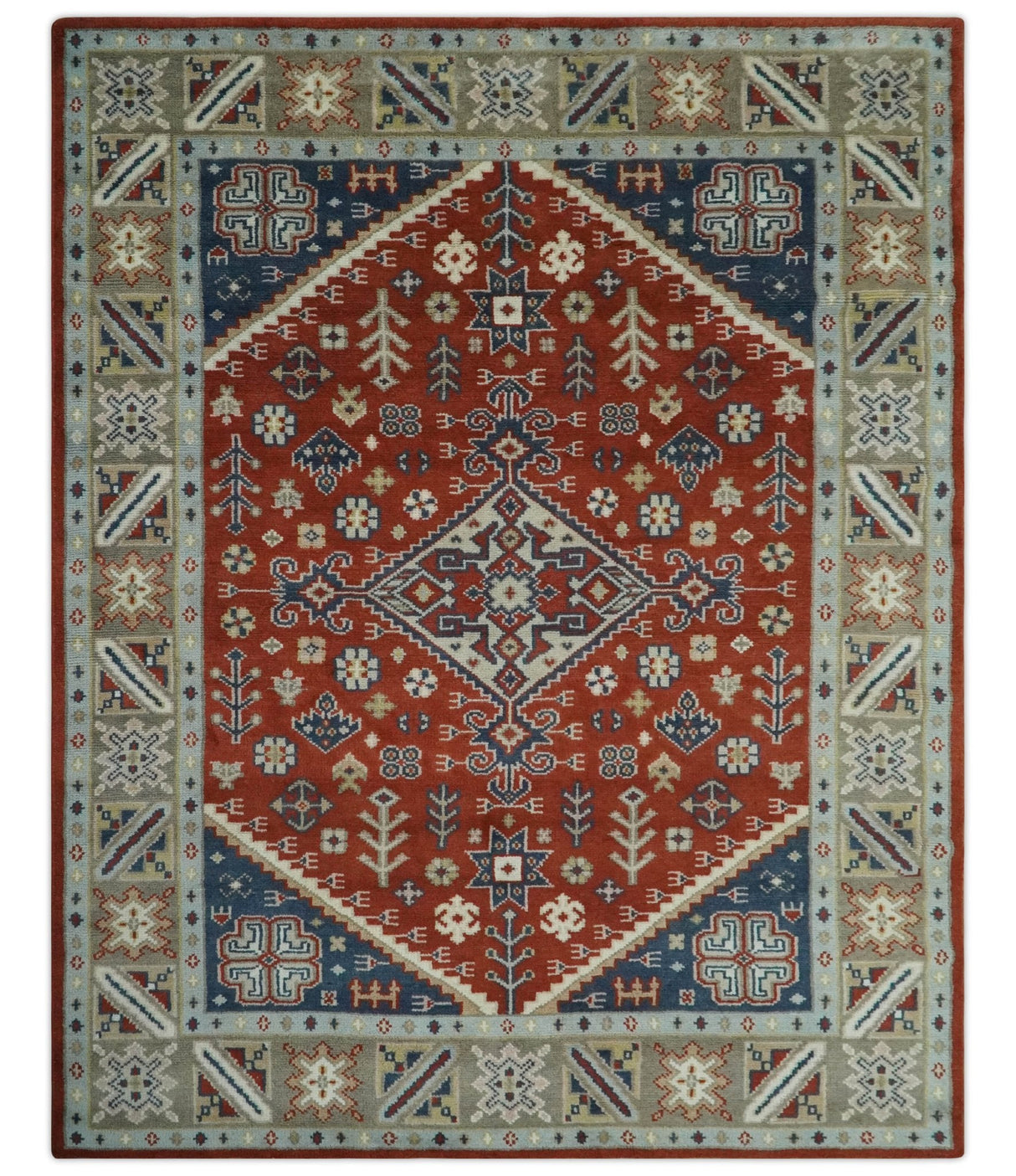 Premium Style Rust, Blue and Beige Hand Knotted Traditional Heriz wool Area Rug