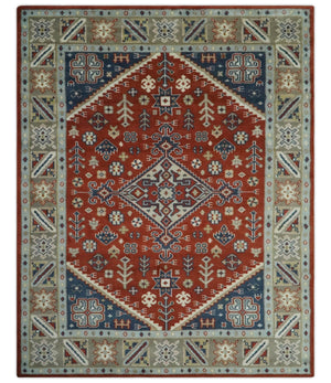 Premium Style Rust, Blue and Beige Hand Knotted Traditional Heriz wool Area Rug