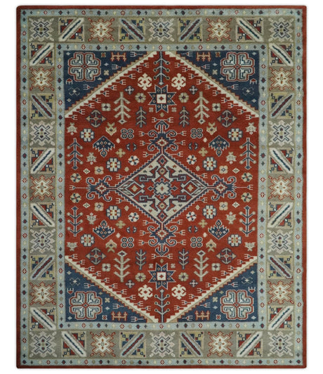 Premium Style Rust, Blue and Beige Hand Knotted Traditional Heriz wool Area Rug