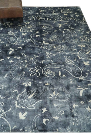 Premium look Charcoal, Ivory and Silver Hand loom Traditional Boteh Design Wool and Viscose Area Rug