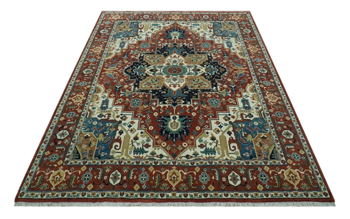 Premium look Fine Hand Knotted Rust, Ivory and Beige Traditional Heriz 8x10 wool rug