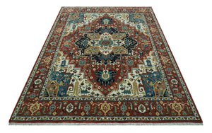 Premium look Fine Hand Knotted Rust, Ivory and Beige Traditional Heriz 8x10 wool rug