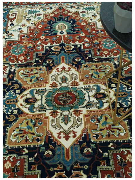 Premium look Fine Hand Knotted Rust, Ivory and Beige Traditional Heriz 8x10 wool rug