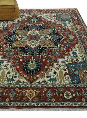 Premium look Fine Hand Knotted Rust, Ivory and Beige Traditional Heriz 8x10 wool rug