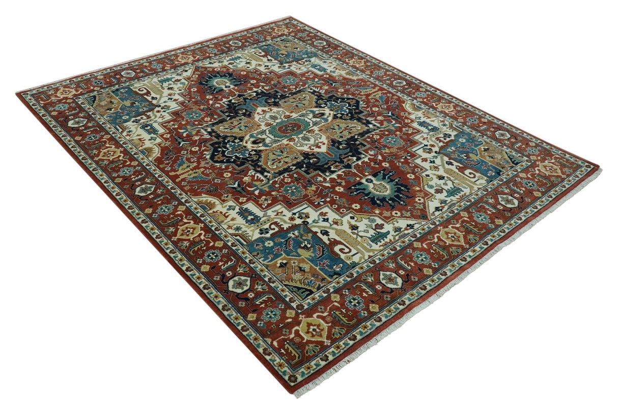Premium look Fine Hand Knotted Rust, Ivory and Beige Traditional Heriz 8x10 wool rug