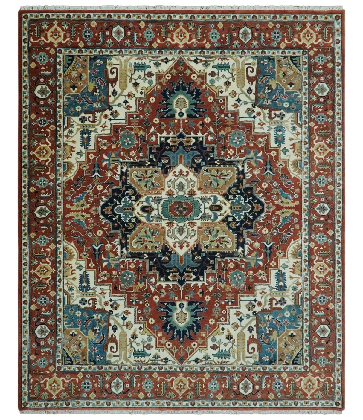 Premium look Fine Hand Knotted Rust, Ivory and Beige Traditional Heriz 8x10 wool rug