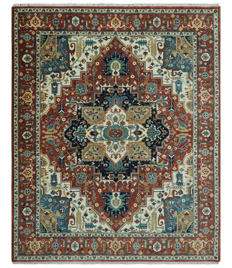 Premium look Fine Hand Knotted Rust, Ivory and Beige Traditional Heriz 8x10 wool rug
