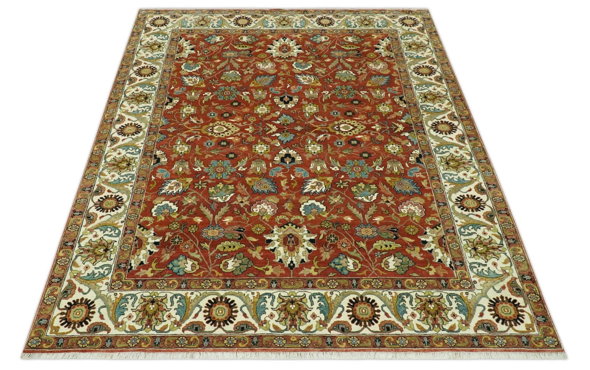 Premium look Rust and Ivory Traditional Floral Fine Hand knotted 8x10 wool area rug