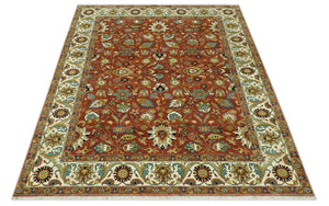 Premium look Rust and Ivory Traditional Floral Fine Hand knotted 8x10 wool area rug