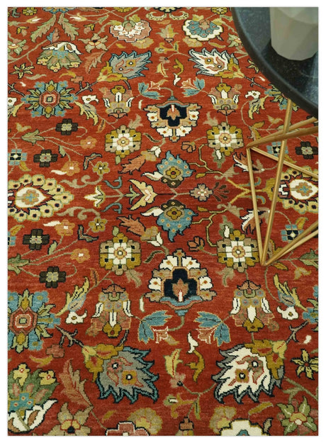 Premium look Rust and Ivory Traditional Floral Fine Hand knotted 8x10 wool area rug
