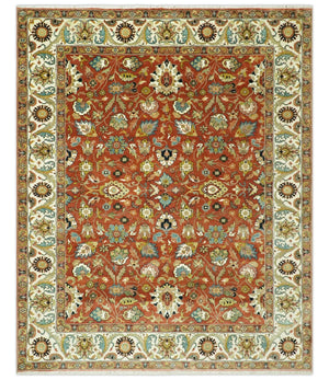 Premium look Rust and Ivory Traditional Floral Fine Hand knotted 8x10 wool area rug