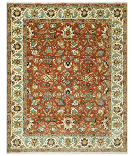 Premium look Rust and Ivory Traditional Floral Fine Hand knotted 8x10 wool area rug