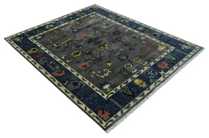 Premium look Vibrant Colorful Charcoal, Blue and Ivory Hand knotted Traditional Floral 8x10 wool Area Rug