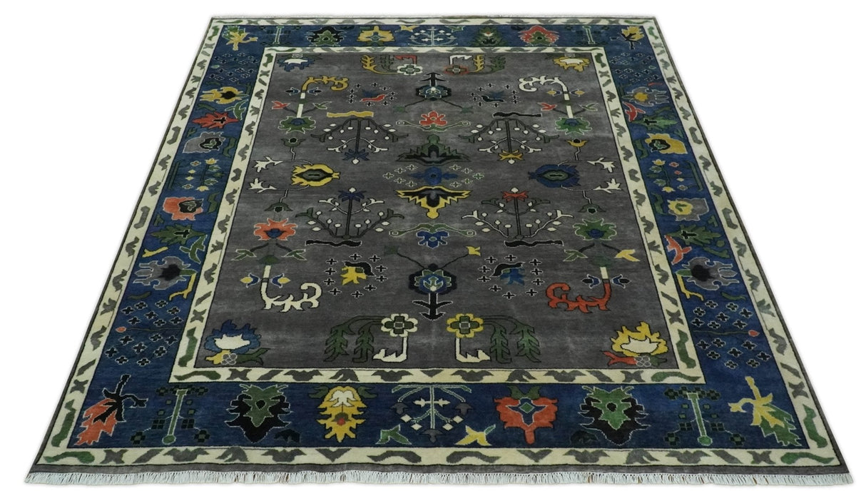 Premium look Vibrant Colorful Charcoal, Blue and Ivory Hand knotted Traditional Floral 8x10 wool Area Rug