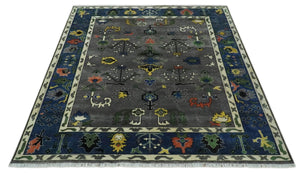 Premium look Vibrant Colorful Charcoal, Blue and Ivory Hand knotted Traditional Floral 8x10 wool Area Rug