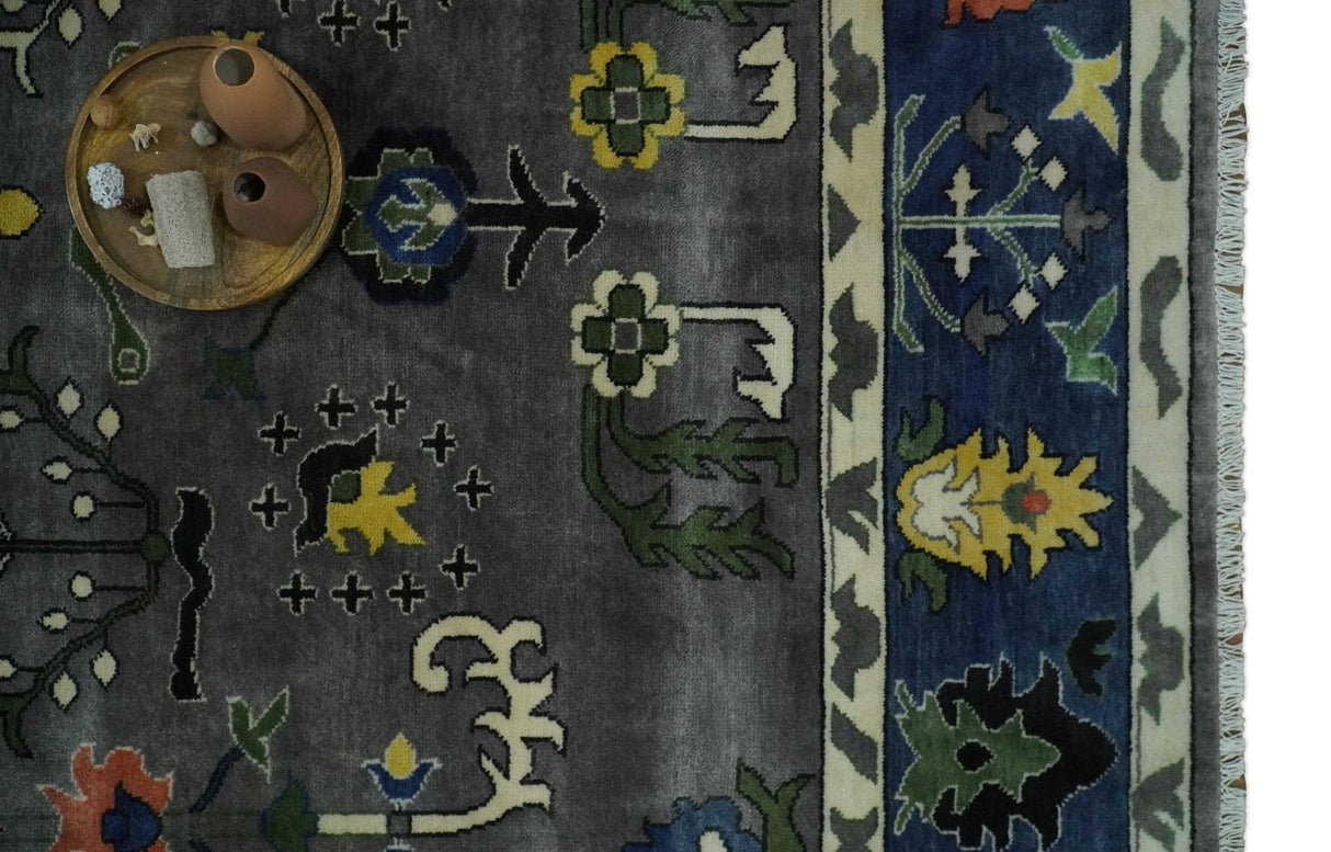 Premium look Vibrant Colorful Charcoal, Blue and Ivory Hand knotted Traditional Floral 8x10 wool Area Rug