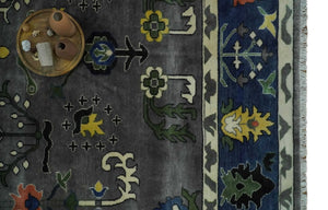 Premium look Vibrant Colorful Charcoal, Blue and Ivory Hand knotted Traditional Floral 8x10 wool Area Rug